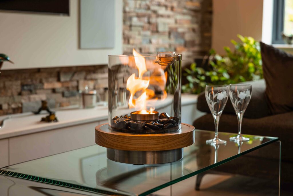 Luxury table fire on a glass coffee table